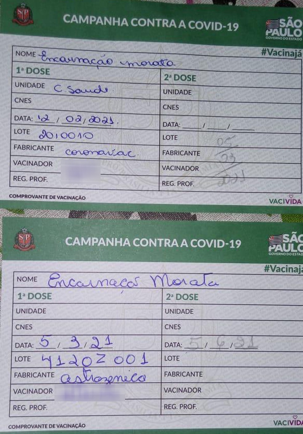 Comprovantes de vacinação contra a Covid-19 mostram que a idosa Encarnação Morata, de 90 anos, foi imunizada com doses de diferentes fabricantes — Foto: Alex Rosa de Assis/Cedida