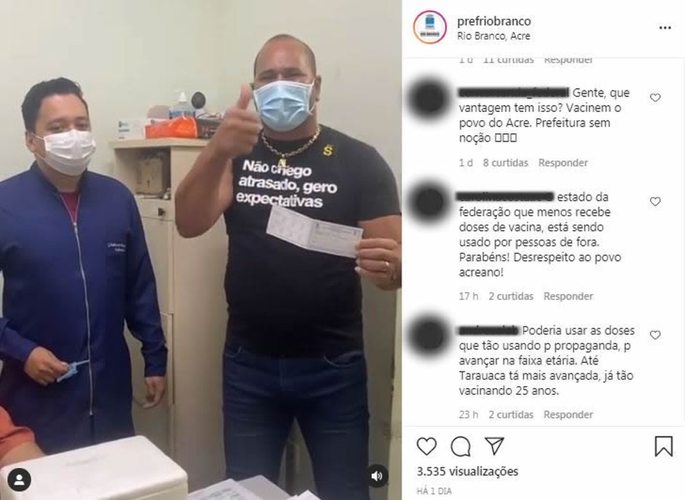 Aloísio Chulapa recebeu primeira dose da vacina contra Covid-19 em Rio Branco (AC) — Foto: Reprodução/Instagram
