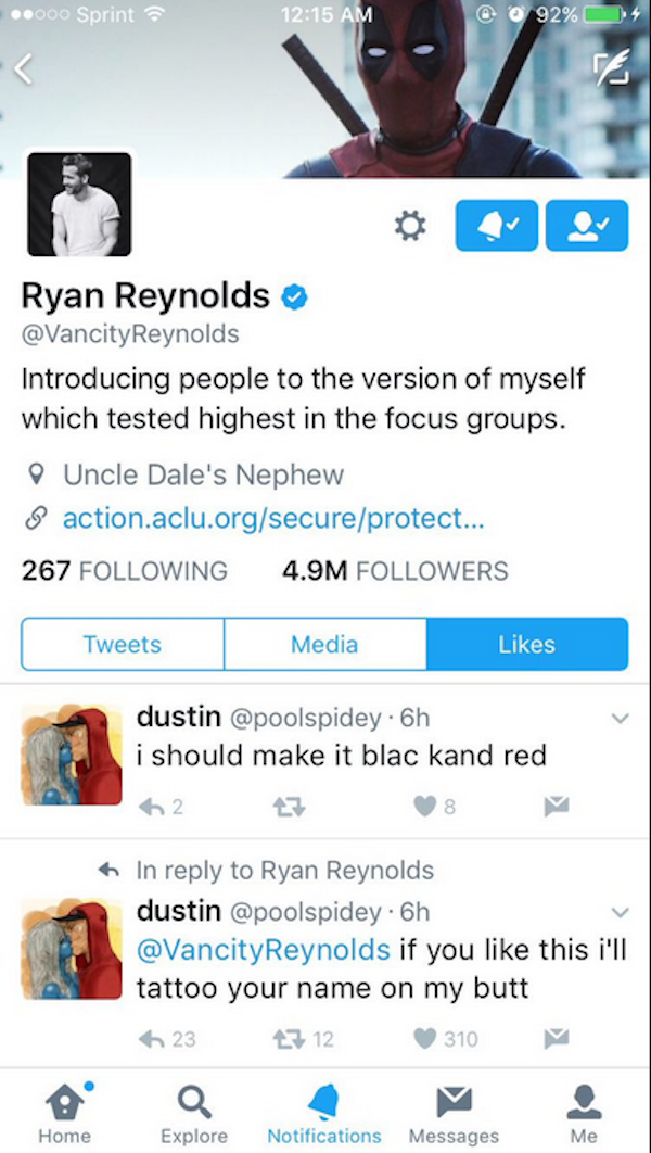 A promessa da tatiagem feito pelo fã do ator Ryan Reynolds (Foto: Twitter)