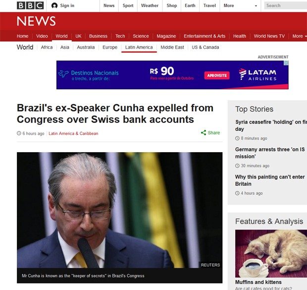 BBC destacou que Eduardo Cunha perdeu seu mandato depois de uma votação esmagadora (Foto: Reprodução/BBC)