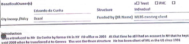 Formulário aponta que Cunha mantinha uma conta bancária nos Estados Unidos desde 1991 no banco Merryll Lynch (atual Julius Baer) (Foto: Reprodução)