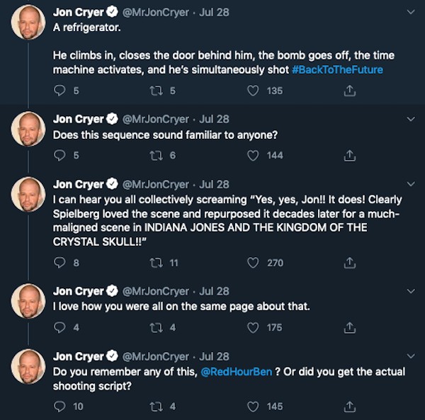 Alguns dos tuítes do ator Jon Cryer sobre o roteiro original do primeiro filme da trilogia De Volta para o Futuro (Foto: Twitter)