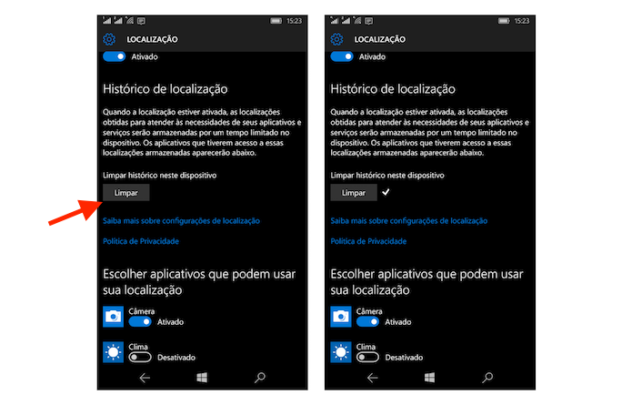 Limpando o histórico de localização do Windows 10 Mobile (Foto: Reprodução/Marvin Costa)