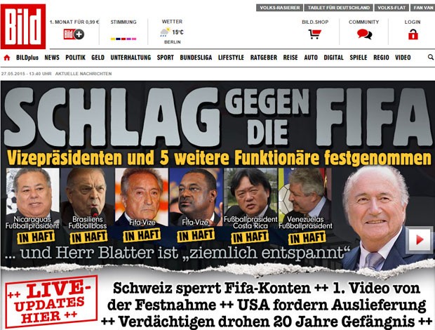 O jornal “Bild” destaca em sua capa na internet fotos dos detidos e de Blatter (Foto: Reprodução/Bild)