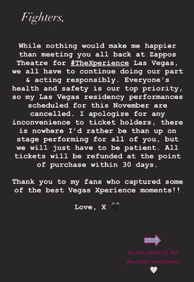 Christina Aguilera lamenta cancelamento de tour (Foto: Reprodução / Instagram)