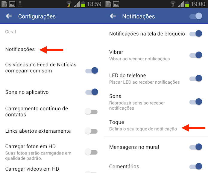 Caminho para acessar as configurações para toques do aplicativo Facebook para Android (Foto: Reprodução/Marvin Costa)
