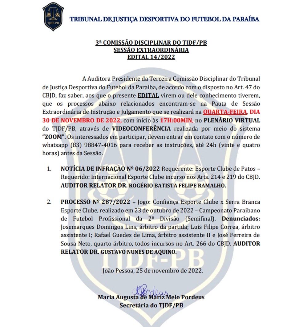 Ata da audiência do julgamento do Internacional-PB nesta quarta-feira — Foto: Divulgação / TJDF-PB