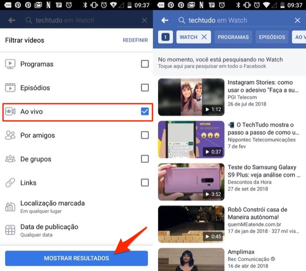 Ação para filtrar resultados de busca no Facebook Watch para vídeos ao vivo — Foto: Reprodução/Marvin Costa