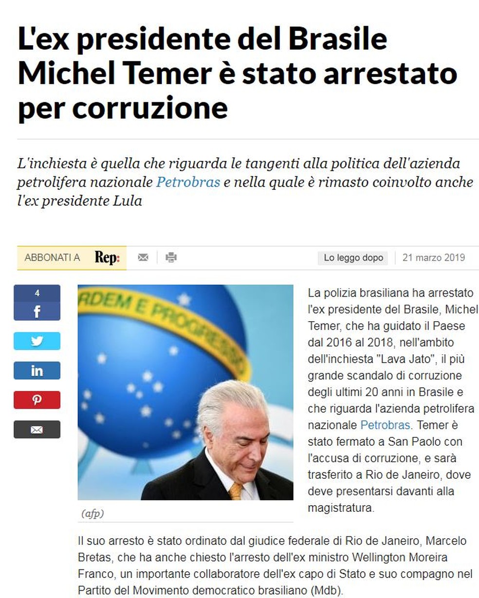 Jornal italiano La Repubblica — Foto: Reprodução