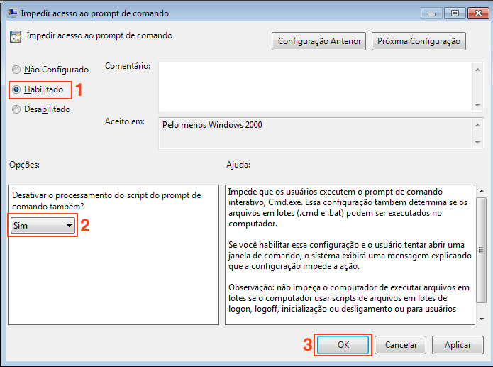 Habilitando a op??o que desativa o Prompt de comando no Windows (Foto: Reprodu??o/Edivaldo Brito)