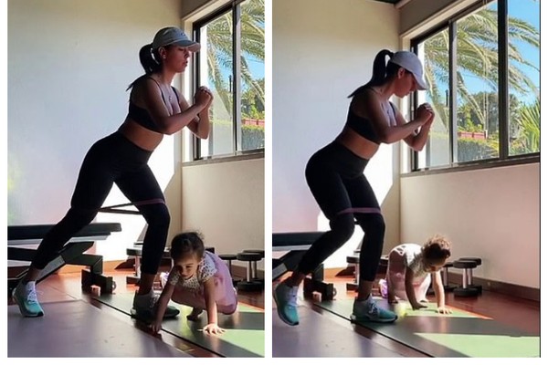 A namorada do craque Cristiano Ronaldo, a modelo Georgina Rodriguez, tendo sua sessão matinal de exercícios interrompida por sua filha de 2 anos (Foto: Instagram)