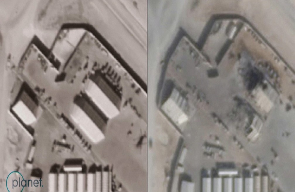 Imagens de satélite mostram antes e depois de ataque iraniano à base aérea de Ain Al-Asad, no Iraque — Foto: Reuters