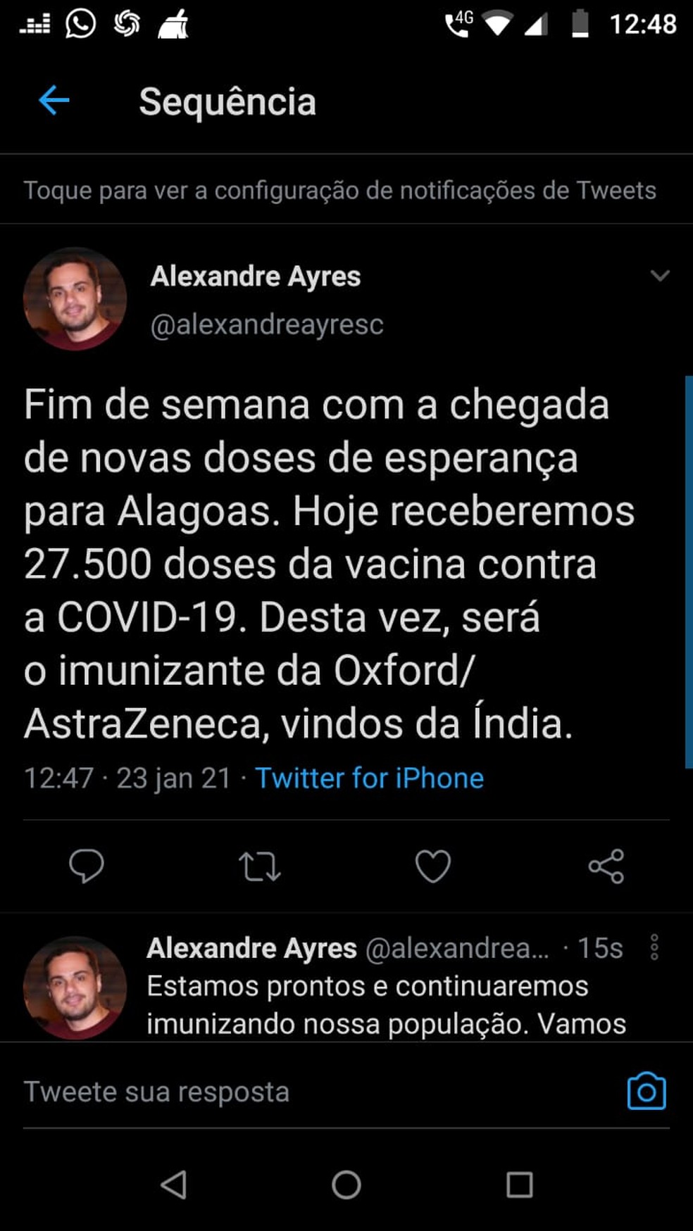 Secretário da Saúde Alexandre Ayres anuncia chegada de mais 27.500 doses de vacina contra a Covid-19 — Foto: Reprodução/Twitter