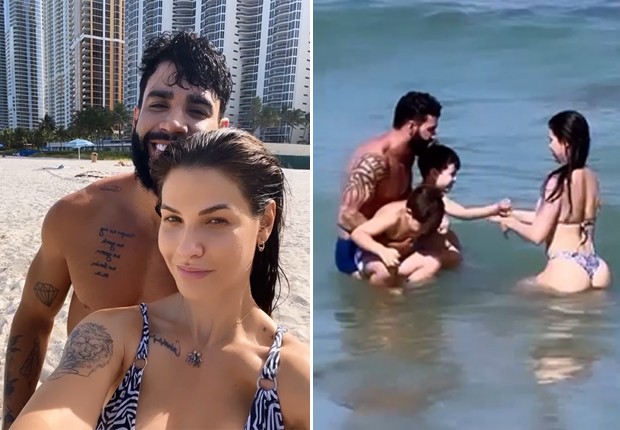 Andressa Suita e Gusttavo Lima curtem praia de Miami com os filhos, Gabriel e Samuel (Foto: Reprodução/Instagram)
