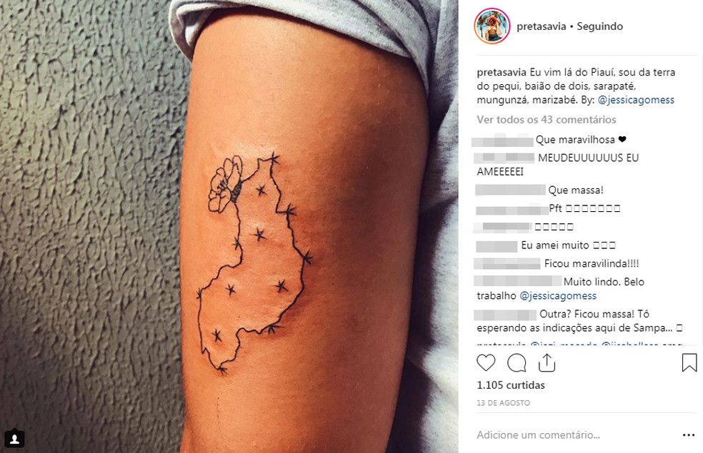Amanda Sávia tem o mapa do Piauí tatuado.  — Foto: Reprodução/Instagram