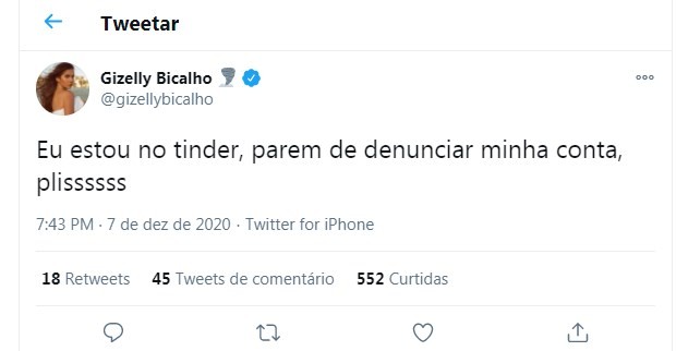 Tweet de Gizelly Bicalho (Foto: Reprodução/Twitter)