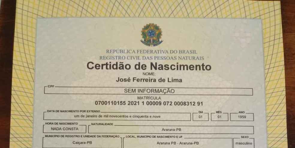 Certidão de Nascimento de José Ferreira, emitida em 2021 — Foto: Jocelino Tomaz/Arquivo Pessoal