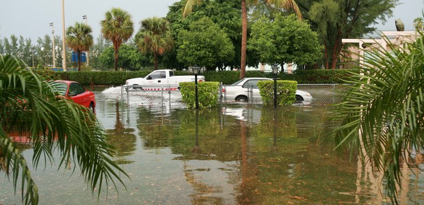 Miami Beach, Florida, USA - June 5, 2009: A AAA truck drives past a flooded residential yard in Miami Beach after a storm left 8-9 inches of rain. (Foto: Getty Images)