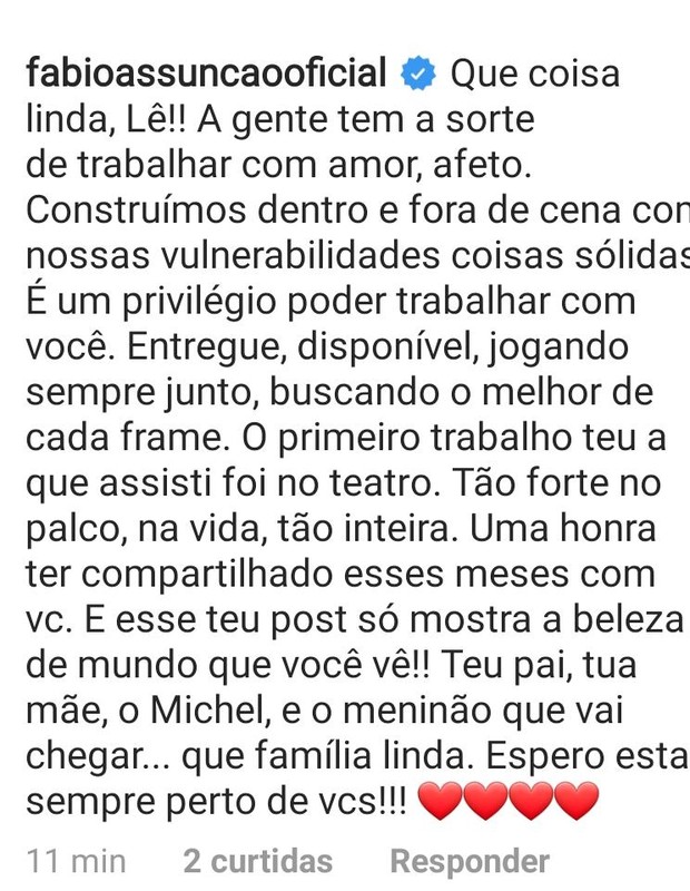Fábio Assunção faz post para Leticia Colin (Foto: Reprodução/Instagram)