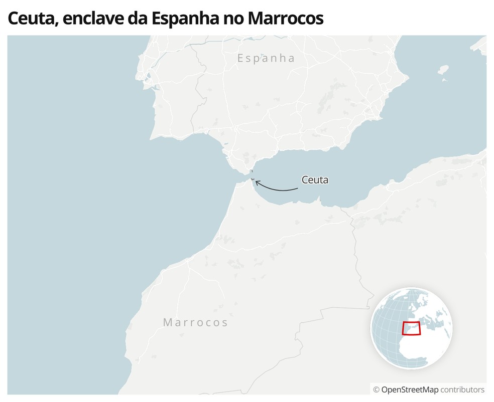 Mapa mostra a localização de Ceuta, um território da Espanha dentro do Marrocos — Foto:  G1