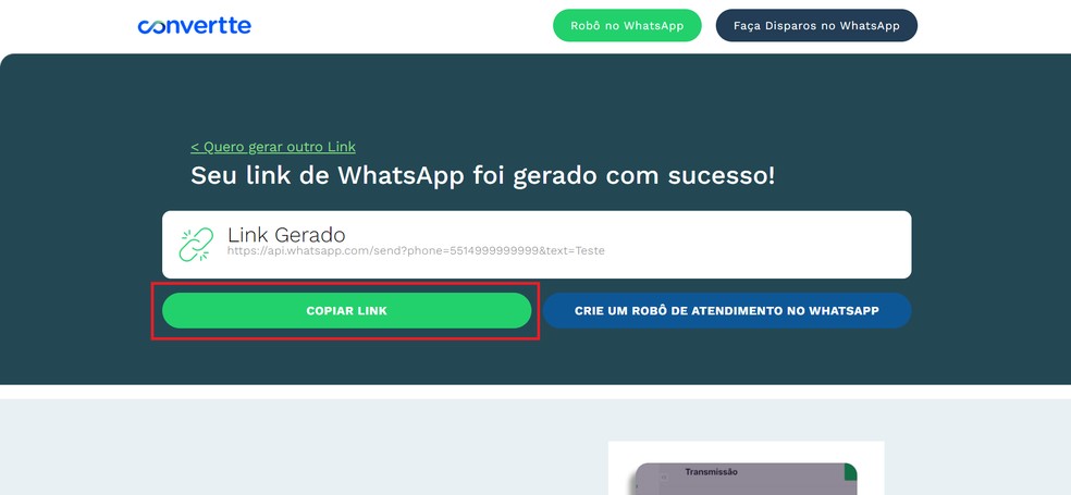 Botão “Copiar link” permite copiar a URL do WhatsApp — Foto: Reprodução/Caroline Silvestre