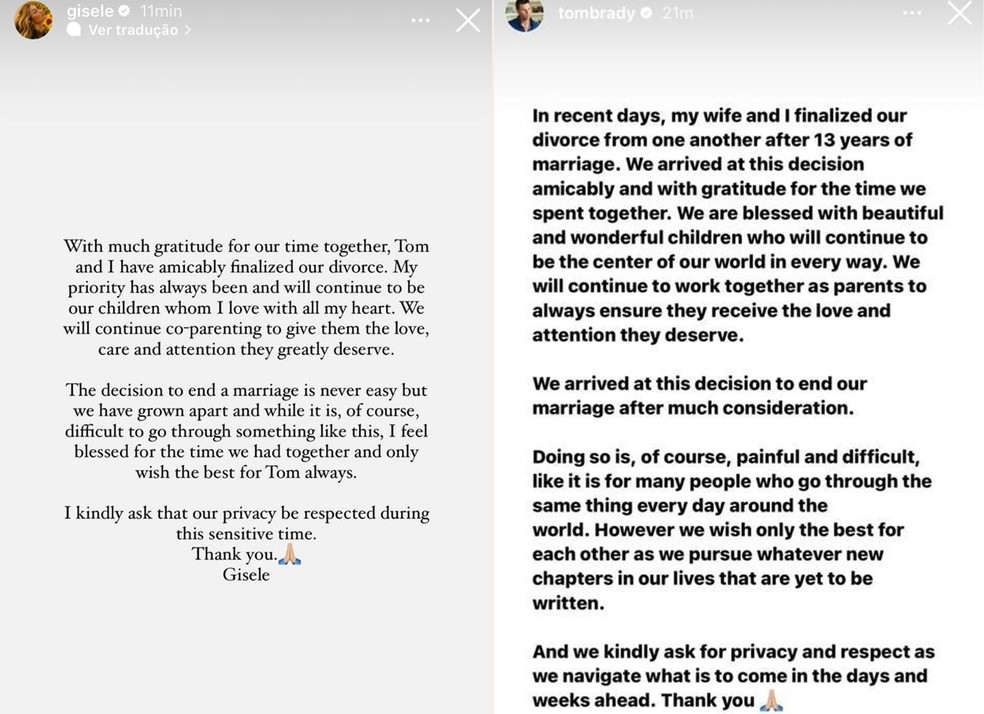 Gisele Bündchen e Tom Brady anunciam separação — Foto: Reprodução Instagram