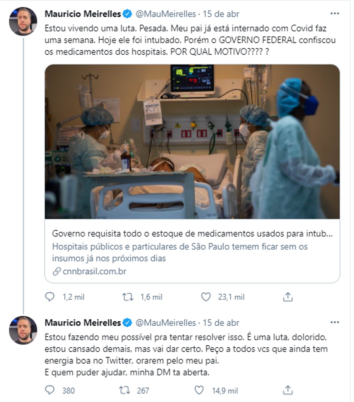 Mauricio Meirelles fala sobre intubação do pai, internado com Covid-19 (Foto: Reprodução/Twitter)