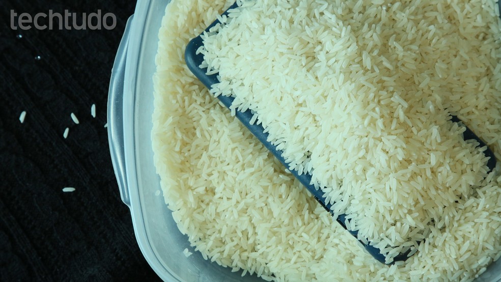 Deixe o celular em um pote de arroz para que o produto tire a umidade (Foto: Luciana Maline/TechTudo)