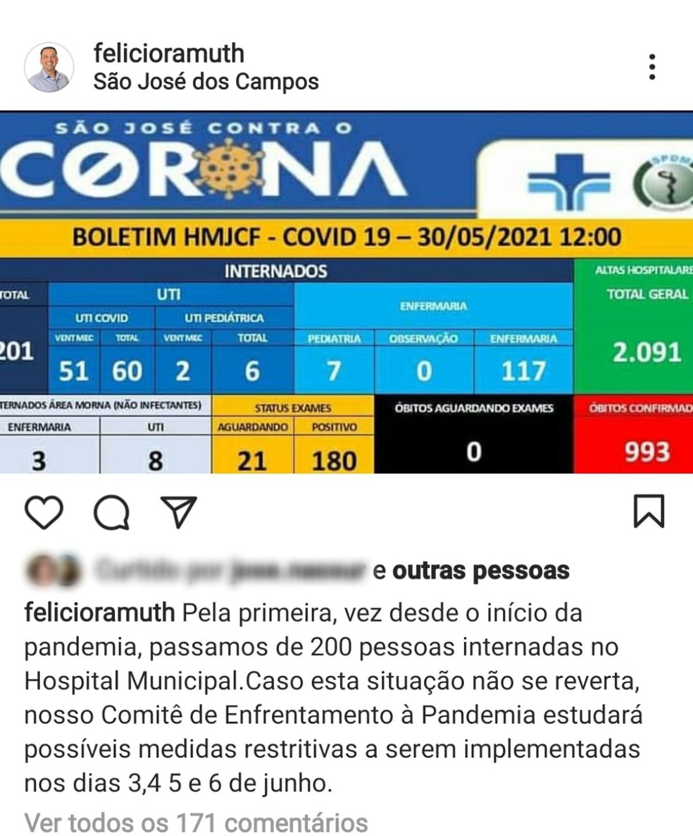 Felício Ramuth cogita medidas restritivas em São José dos Campos — Foto: Reprodução/Instagram