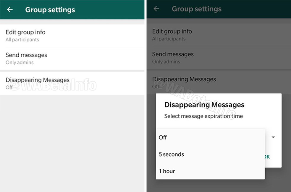 Função "Disappearing Messages" faz chat sumir após tempo programado — Foto: Reprodução/WABetaInfo