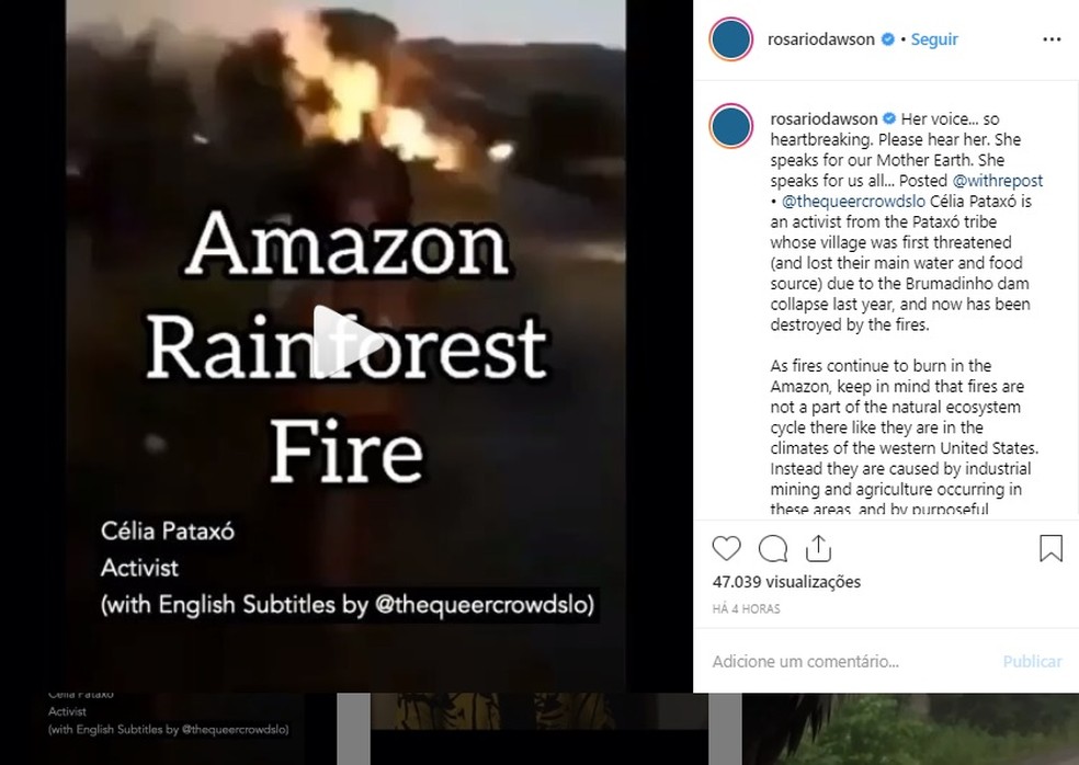 Instagram Amazon Rainforest Fire â Foto: ReproduÃ§Ã£o
