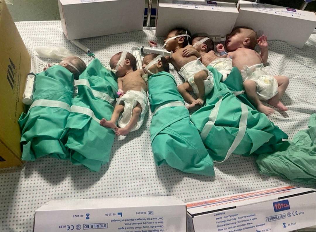 Bebês recém-nascidos são colocados em cama após serem retirados de incubadora por falta de energia no hospital Al-Shifa, em Gaza, segundo o Hamas, em 12 de outubro de 2023.