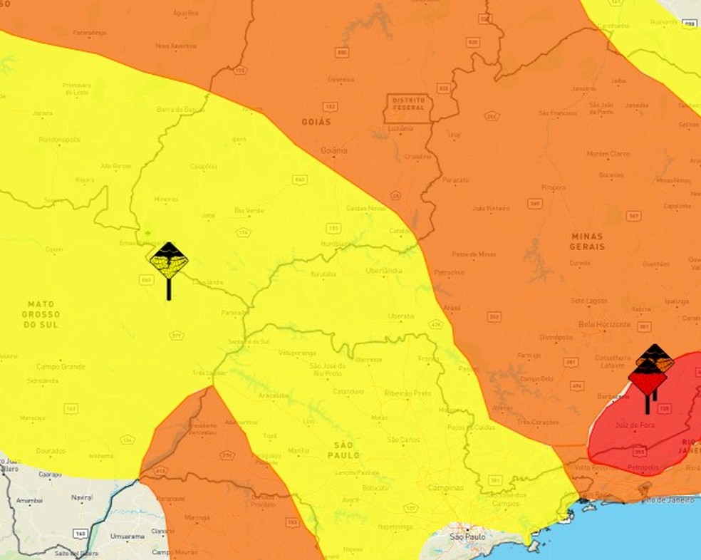 Mapa mostra alertas amarelo e laranja do Inmet para o Triângulo e o Alto Paranaíba — Foto: Inmet/Reprodução