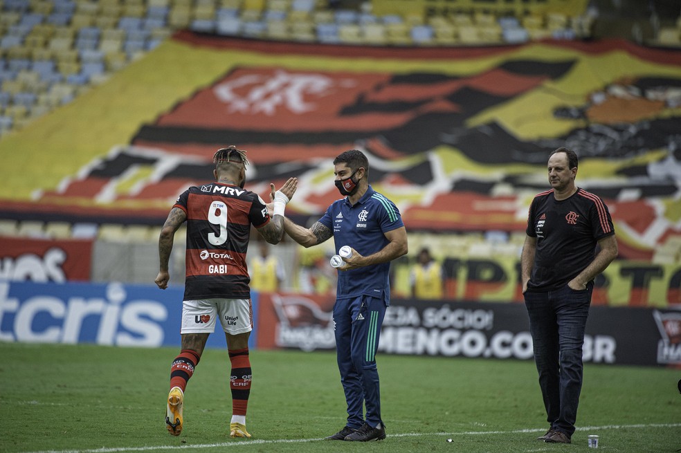 Gabigol comemora um de seus gols contra o Santos — Foto: Alexandre Vidal/Flamengo