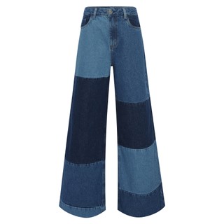 Calça wide pantalona jeans patchwork cintura super alta BFF azul escuro, R$ 139,99