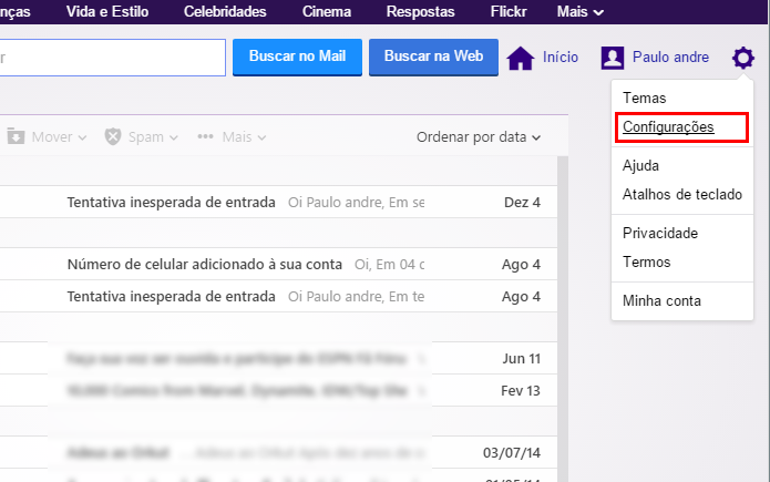Abra as configurações do Yahoo Mail (Foto: Reprodução/Paulo Alves)