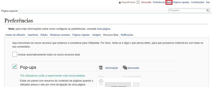 Ter conta na Wikipédia permite testar funções em versão beta (Foto: Reprodução/Raquel Freire)