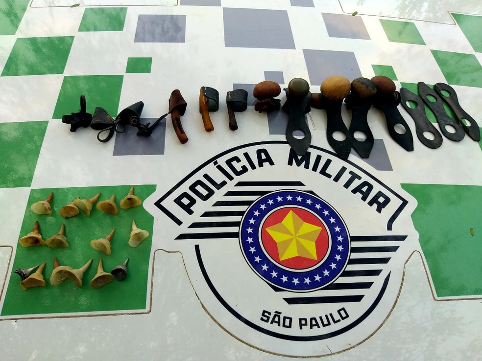 Além dos galos também foram apreendidas 13 esporas de acrílico, duas esporas de alumínio, sete biqueiras, cinco buchas de treino, e três elásticos de bucha. — Foto: Polícia Ambiental