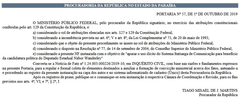 Portaria foi publicada no Diário Eletrônico do MPF nesta quarta-feira (2)  — Foto: Reprodução/Diário Eletrônico do MPF