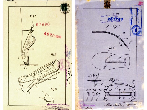 patent applications: left,Toe shoe with sole featuring a tapered edge glued to the sides of the upper and reinforcing the toe. Right, Arch reinforcement system for shoe soles. As a result of his research, Ferragamo invented the revolutionary steel shank, which supported the plantar arch, enabling the foot to move like an inverted pendulum. The shank, which he patented in 1929, was one of his most important inventions and is still used in the brand’s shoes. (Foto: Rome, Central Government Archives.)