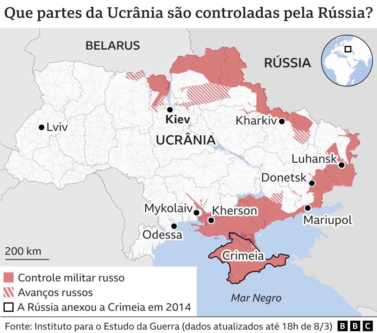 Áreas da Ucrânia controladas pela Rússia (Foto: BBC News)