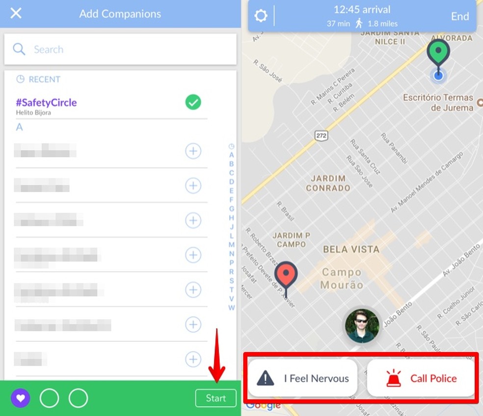 Escolha os contatos que poderão acompanhá-lo no Companion Safety App — Foto: Reprodução/Helito Bijora