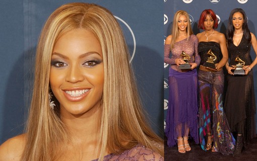 2002: Ainda no Destinty's Child, Beyoncé posa com as amigas do grupo no red carpet