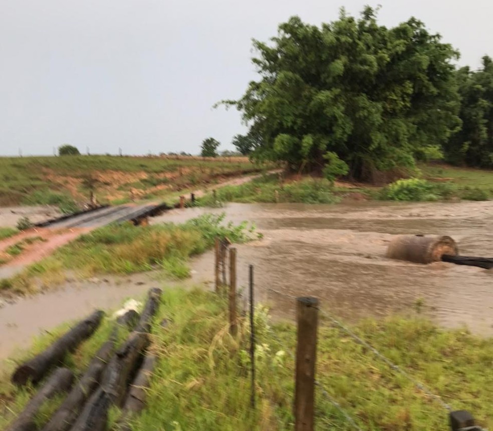 Córrego da ilha transbordou, pontes de madeira foram levadas com a força da água e o muro de uma escola caiu.  — Foto: Inaldo Nascimento 