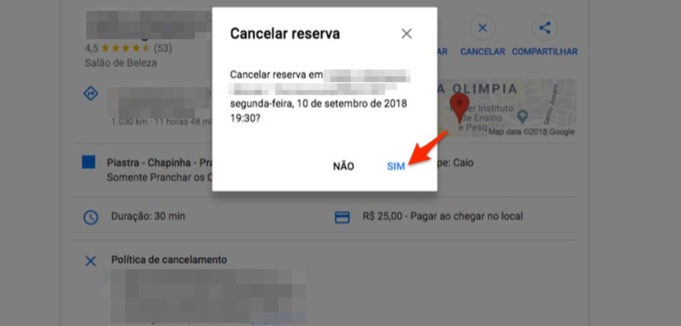 Ação para cancelar uma reserva de salão de beleza realizada pelo Google Assistente ou pelo Google Maps (Foto: Reprodução/Marvin Costa)