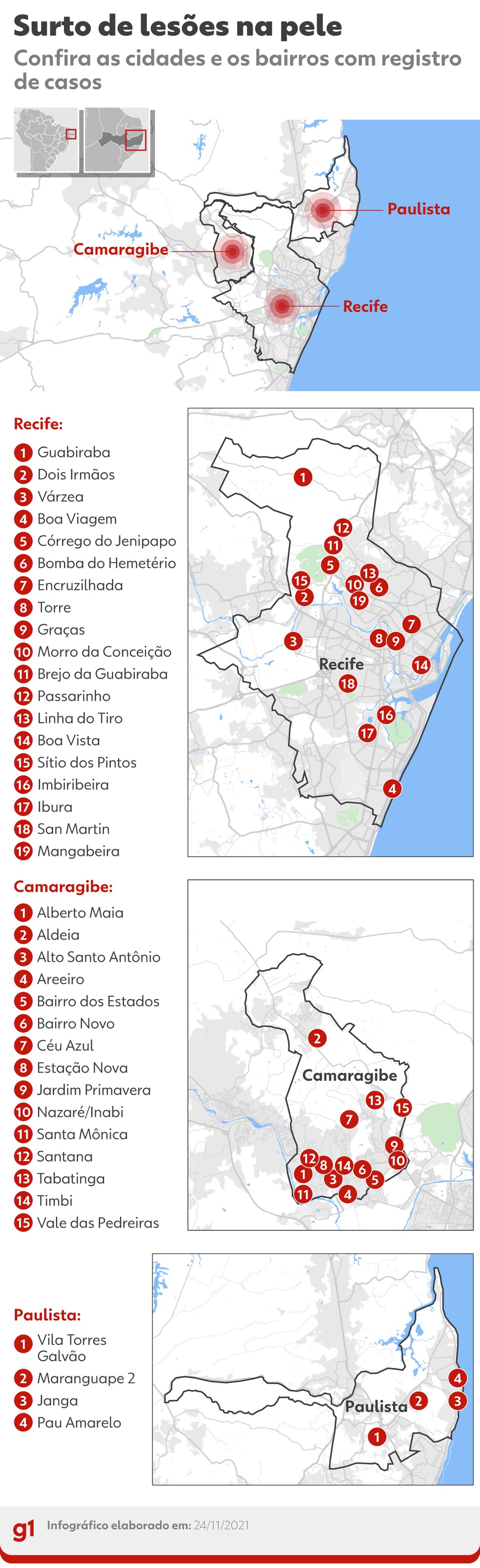 Infográfico mostra locais onde foram registrados casos de lesões na pele que causam coceira — Foto: Arte g1