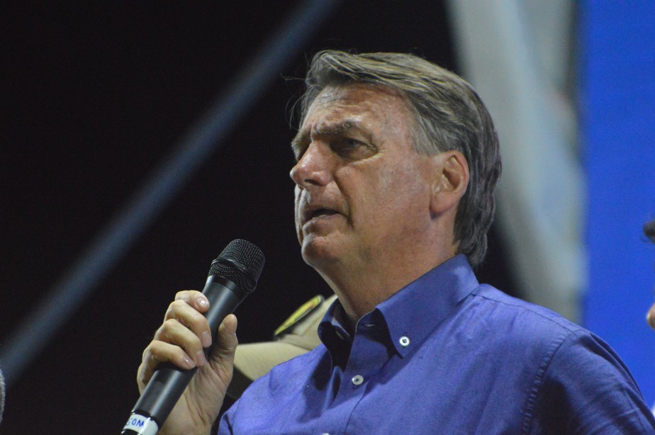O presidente Jair Bolsonaro (PL) durante comício realizado em Natal, no Rio Grande do Norte