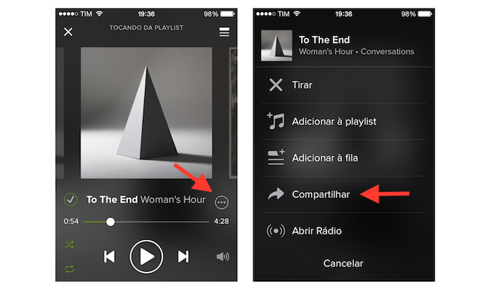 Acessando a ferramenta de compartilhamento do Spotify no iPhone (Foto: Reprodução/Marvin Costa)