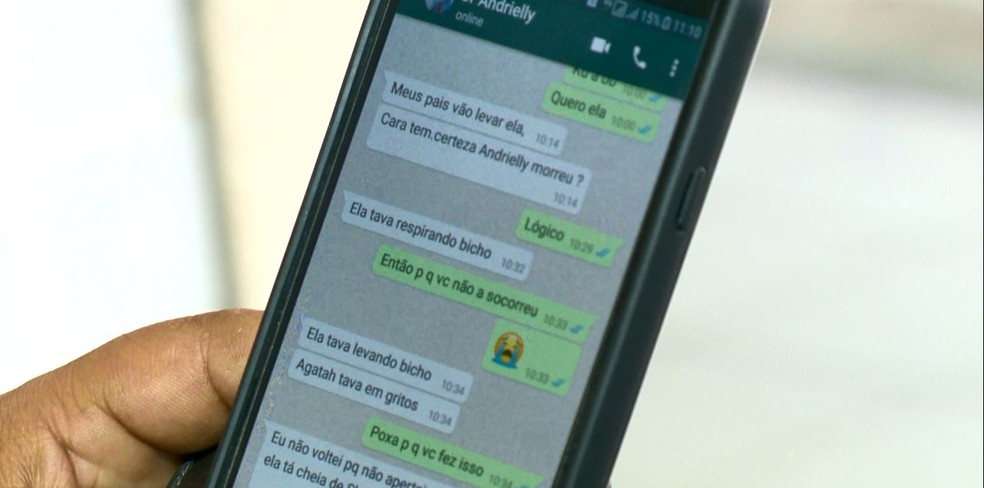 Mensagens trocadas entre o pai de Andrielly e o suspeito do crime (Foto: Luciney Araujo/TV Gazeta)
