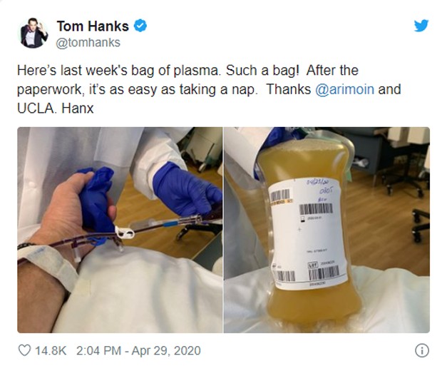 Tom Hanks mostra fotos de plasma doado (Foto: Reprodução Instagram)